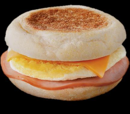 Canadian Bacon, Egg & Cheese Muffin Lean Canadian bacon, cracked over easy egg, and American cheese on a 