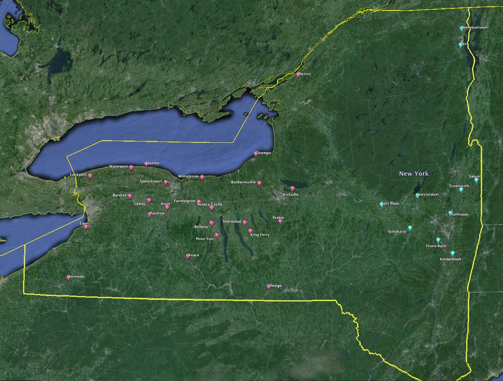 Figure 1. Map showing the 24 trap locations in western NY (pink) and the ten trap locations in eastern NY (blue). Results and discussion: Results for the 24 sites in western NY are given here.