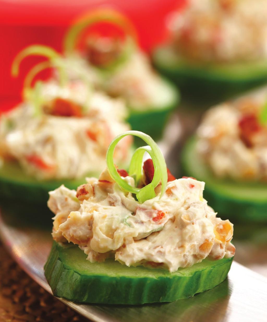 CREAMY LENTIL & PECAN CUCUMBER TOPPERS 1-2 whole cucumber(s), sliced into 1/4 thick rounds 1 (8 oz) pkg cream cheese, room temperature 3/4 cup (180 ml) cooked green lentils 1/3 cup (80 ml) finely