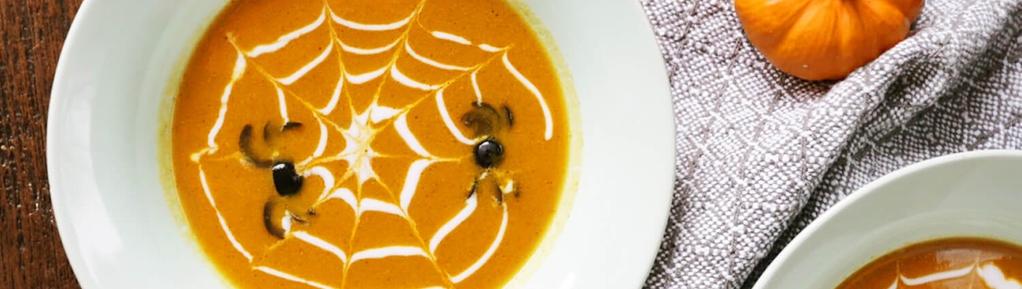 Spider Web Pumpkin Soup 11 ingredients 20 minutes 4 servings 1. In a large pot, heat coconut oil over medium heat. Stir in pumpkin, broth, almond milk, ginger, sage, maple syrup, salt and pepper. 2. Bring to a boil and let simmer for about 10 minutes.