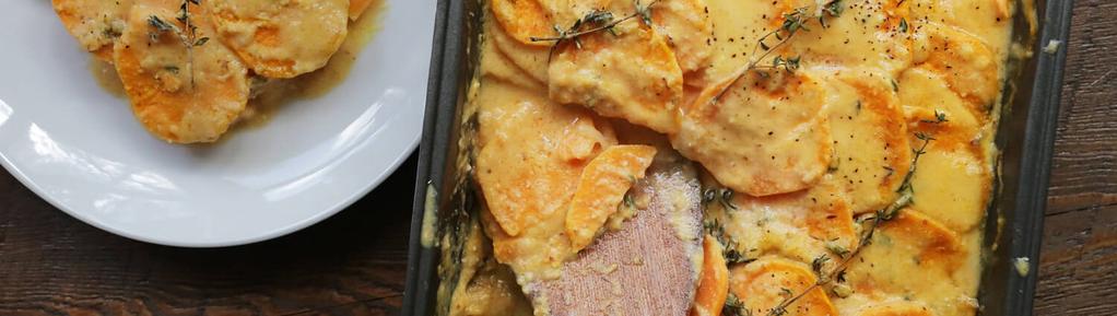 Scalloped Sweet Potatoes 9 ingredients 1 hour 6 servings 1. Peel and slice sweet potatoes to approximately 1/8-inch thick or use a mandoline. Thinly slice the onions and set aside. 2.