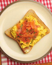 Scrambled Eggs With Smoked Salmon and Pineapple 12 eggs, beaten 4 tablespoons smoked salmon, chopped 2 slices pineapple (fresh or canned), chopped fine 4 tablespoons butter Mix all ingredients with