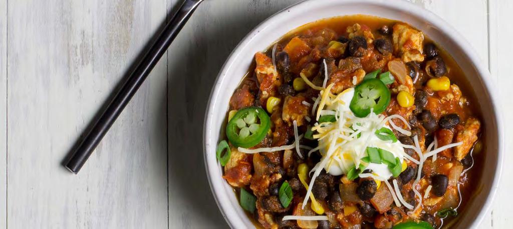 MAKE FRESH DINNERS - JAN/FEB 2017 TACO TURKEY CHILI Calories 310; Fat 8g; Saturated Fat 0g; Carbohydrates 35g; Fiber 13g; Protein 25g; Cholesterol 45mg; Sodium 360mg Grocery List WILDTREE PRODUCTS