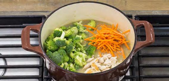 4 Add broccoli, carrots, and chicken. Simmer until vegetables are tender.