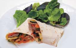 Oven-Grilled Pork & Veggie Wraps NUTRITIONAL INFORMATION (1/4 of recipe or 1 wrap) Energy 378 kcal; 24 g protein; 38 g carbohydrate; 5 g fibre; 14.3 g fat (4.