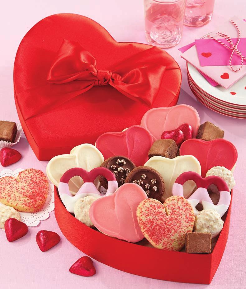 s food cookies and fudge brownies, foil wrapped chocolates, sweet and salty pretzel clusters, drizzled gourmet pretzels, and our new heart shaped