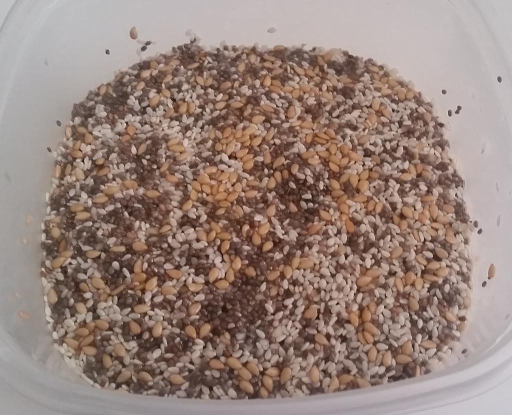 1 cup flaxseed 1/2 cup chia seed 1/2 cup sesame seed 1 cup water Mix all the seeds and water together. Cover lightly. Go to bed.