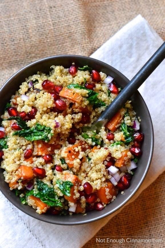 Warm Quinoa, Sweet Potato Kale Salad 1/2 tbsp extra virgin olive oil 1 medium sweet potato, peeled 1 tbsp pure maple syrup 3 packed cups kale stems removed, chopped 3 cups cooked quinoa 1/4 cup red