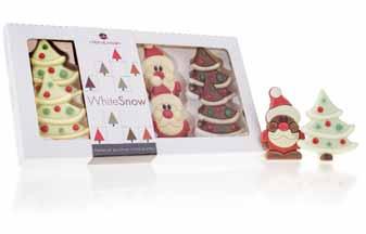 of eight chocolate Christmas trees and Santa Clauses in a window box.