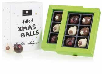 3731 XMAS 8 FILLED BALLS Package dimensions: 185 108 33 mm Net weight: 115 g Net price: 8,69 EUR Eight stuffed chocolate balls (milk, white and dark chocolate) in a Christmas box.