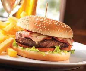 Cheese & Bacon Burger stack itup add extra burgers or chicken breasts See front cover. 79 p extra burgers Served on a toasted sesame seed bap, with mayo, sliced tomato, crisp lettuce and chips.