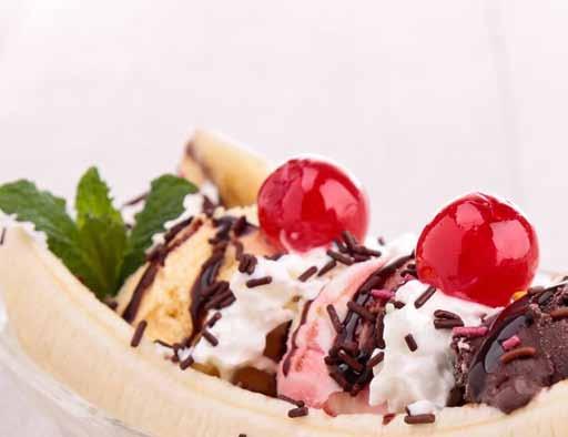 Chocolate, vanilla and strawberry ice cream topped with nuts, chocolate sauce, whipped cream and maraschino cherries [N] Seasonal Fresh Fruit Platter An