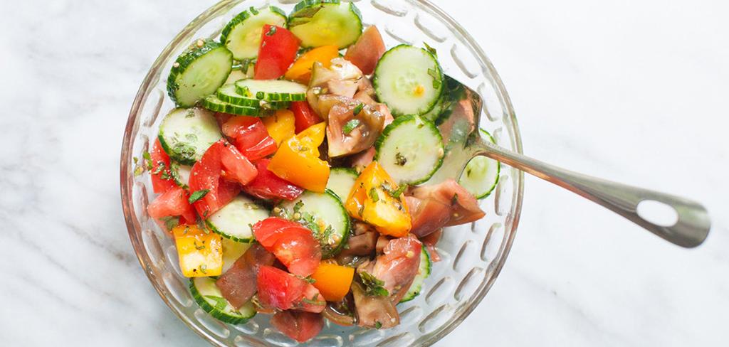 Cucumber & TOMATO SALAD COOK TIME 5 MINUTES 2 SIDES GREAT FOR LEFTOVERS INGREDIENTS// 1 medium cucumber, peeled, quartered, and sliced 3 large tomatoes, mixed colors, chopped and seeded 1/3 cup fresh