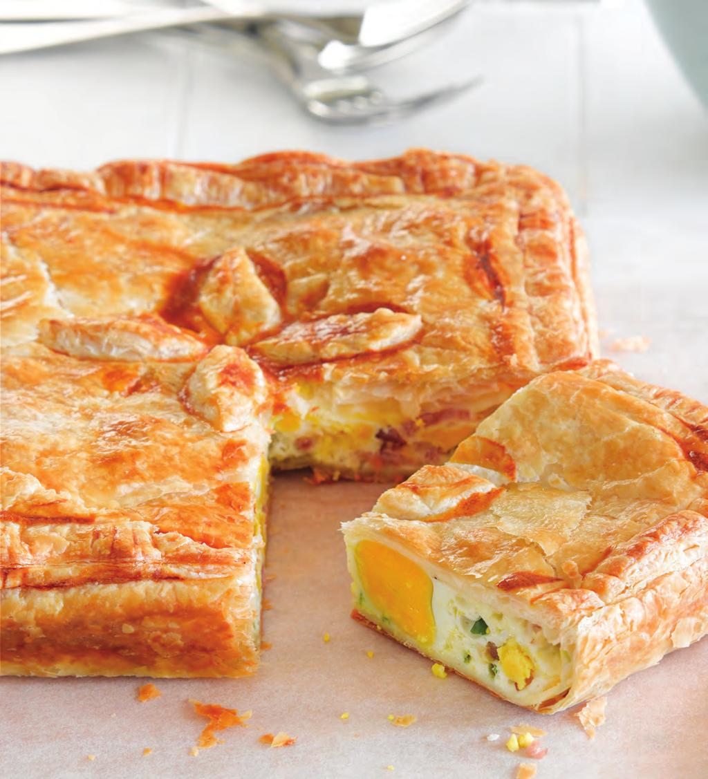 6-8 8 30 SERVES EGGS PREP BAKE Best Ever Bacon & Egg Pie 8 Eggs ½ Cup bacon, chopped 1 Spring onion (optional), chopped 1 Egg yolk beaten with a tablespoon of water Salt and pepper to taste 400g