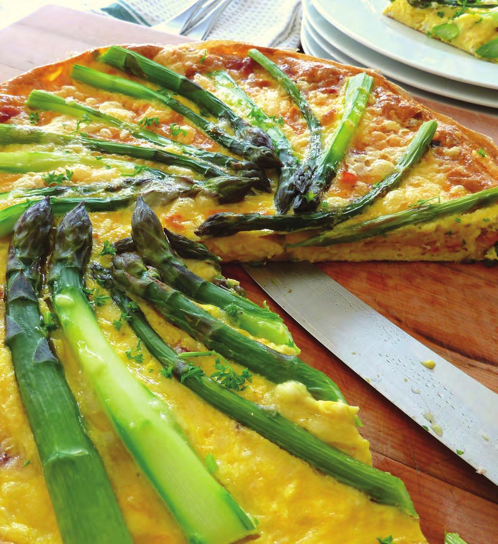 6-8 4 30 SERVES EGGS PREP BAKE Asparagus Frittata 1 Tbsp butter 1 Onion, chopped 1 Clove garlic, crushed 2 Slices ham, chopped 1 Bunch of Asparagus ½ Fresh red chilli, finely chopped 1 Red capsicum,