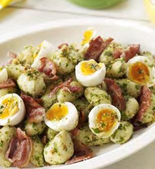 4-6 6 5 SERVES EGGS PREP COOK New Potato, Soft Boiled Egg and Crispy Bacon Salad 1 kilogram Jersey Benne or other small waxy potatoes, scrubbed 6 Eggs 6 Rashers streaky bacon 1 tsp Pesto 1/2 cup