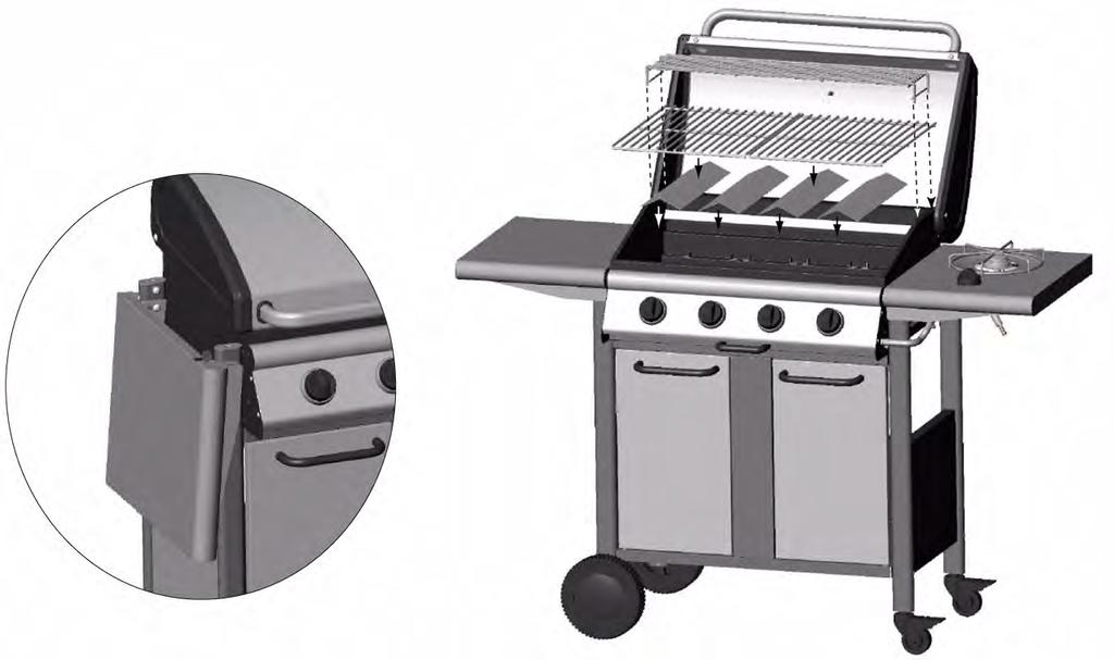 19. Place the Flame Diffuser Plates (4), Cooking Grills (3) and Warming Rack (2) into