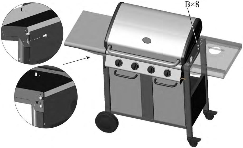 13. Fit the Left Side Table (7) and Side Burner Table (6) and