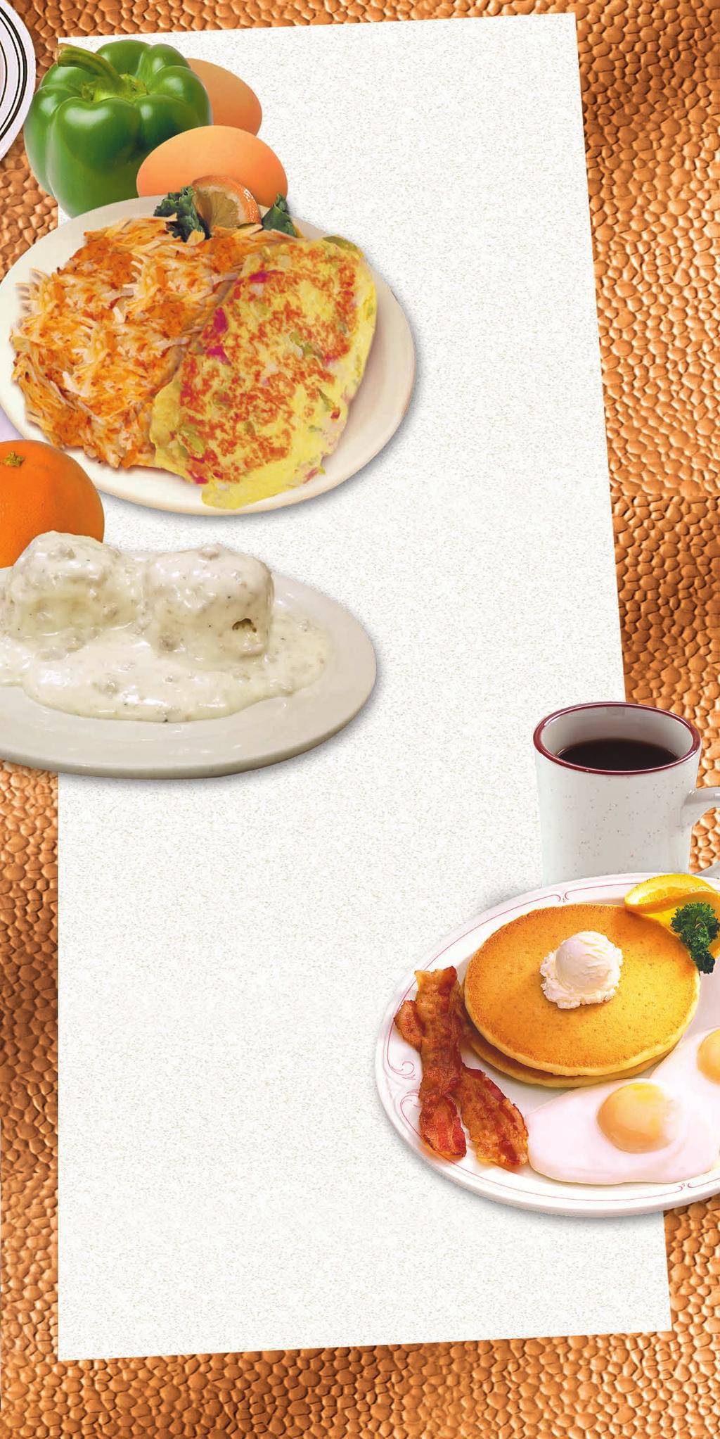 DENVER OMELETTE BISCUITS & GRAVY THREE-EGG OMELETTES Served with hash browns or fresh fruit, choice of two pancakes or toast Add American, cheddar, Monterey Jack, mozzarella or Swiss cheese -.