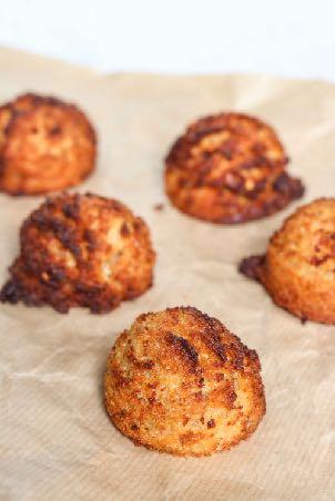 FIERY GINGER COCONUT MACAROONS Makes: 8 Prep: 10 mins Cook: 20 mins 310 kcals 19g Fats 30g Carbs 4g Protein 3 eggs 7 oz. (200g) of coconut sugar 7.9 oz. (225g) shredded coconut, unsweetened 2 tbsp.