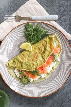 PARSLEY CREPES WITH SMOKED SALMON Serves: 1 Prep: 10 mins Cook: 5 mins 356 kcals 17g Fats 28g Carbs 19g Protein 2 tbsp. spelt flour 1 tbsp.