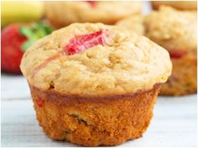STRAWBERRY BANANA PROTEIN MUFFINS 2 ripe bananas, mashed 1 egg, large 1/2 cup Greek Yogurt 1/4 cup almond milk, unsweetened & vanilla (plain) 2 tsp pure vanilla extract 1 + 1/4 cup whole wheat flour