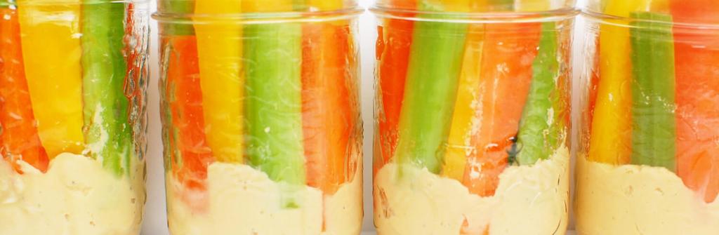Hummus Dippers 15 minutes Yellow Bell Pepper Carrot Celery Hummus Slice your pepper, carrot and celery into sticks. Line up 4 small mason jars (we like to use size 250 ml).