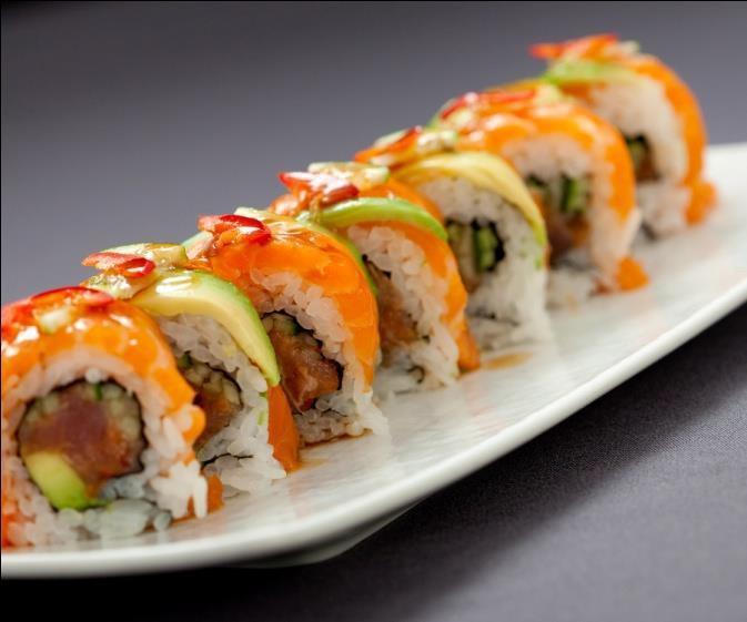 Sushi Rolls 4 Pieces per Guest Titus Rolls Spicy Tuna, Salmon, Avocado, Cucumber, Lime, Cilantro, Jalapeño, Ponzu