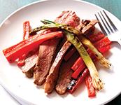 Balsamic-Marinated Flank Steak By Mary Reilly Servings: 2 Ingredients Nutrient value per serving: 3 oz. steak and ¼ c. peppers and scallions per person ¼ c. balsamic vinegar 2 t.
