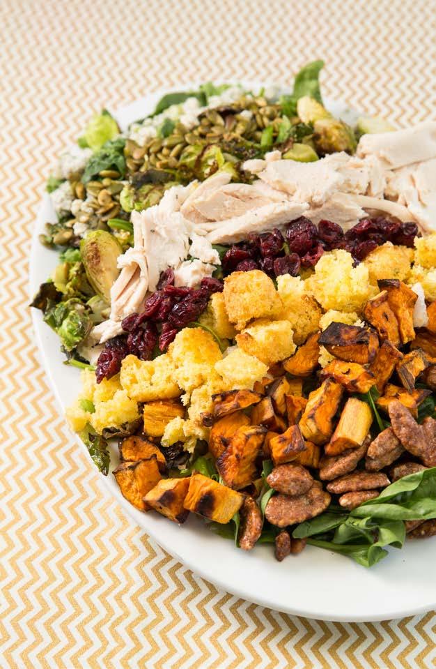 Thanksgiving Cobb Salad 1 package romaine lettuce, chopped 1 package baby spinach 1 cup turkey or chicken, cubed ½ cup dried cranberries ½ cup roasted pumpkin seeds 1 cup roasted Brussel sprouts 1