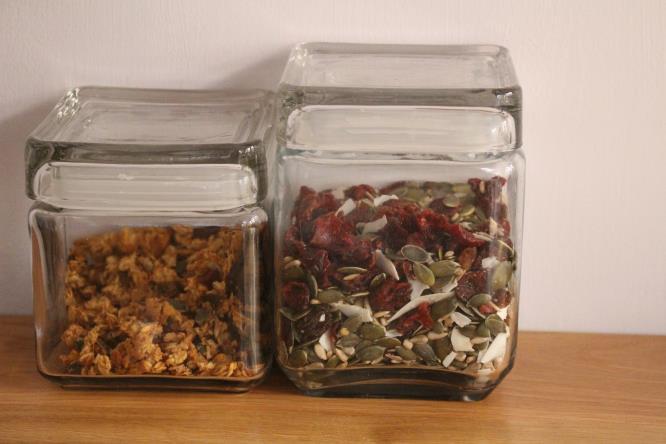 Homemade Granola This is not too sweet, but can be sweetened further by adding 2 tablespoons of honey to the mixture prior to cooking. Prepare in advance and store in a glass jar.