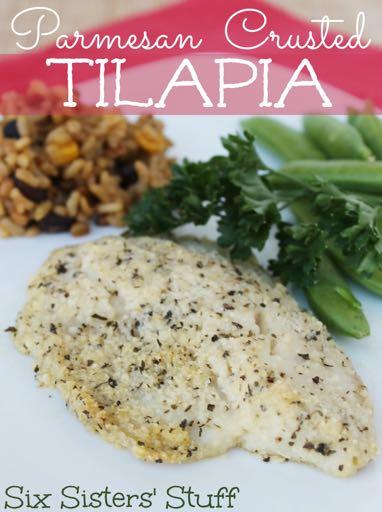 DAY 5 HEALTHY PLAN - PARMESAN CRUSTED TILAPIA M A I N D I S H Serves: 6 Prep Time: 15 Minutes Cook Time: 20 Minutes Calories: 337 Fat: 11.7 Carbohydrates: 7.9 Protein: 49 Fiber: 0.4 Saturated Fat: 3.