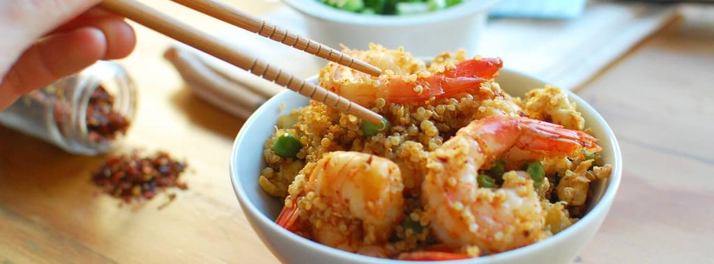 Spicy Shrimp Fried Rice 15 ingredients 30 minutes 4 servings 1. Place quinoa and water in a medium sized pot and bring to a boil over high heat. Once boiling, cover with lid and reduce heat to low.
