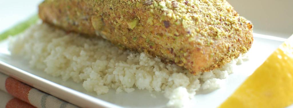 Pistachio Crusted Salmon 9 ingredients 30 minutes 4 servings 1. Preheat oven to 375. Line a baking sheet with parchment paper. 2.