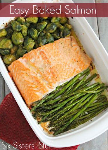 DAY 5 HEALTHY PLAN EASY SALMON BAKE WITH VEGETABLES M A I N D I S H Serves: 5 Prep Time: 10 Minutes Cook Time: 20 Minutes Calories: 191 Fat: 12.8 Carbohydrates: 11.4 Protein: 11.8 Fiber: 3.