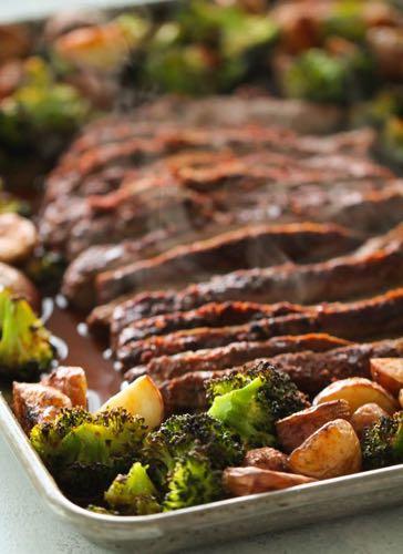 DAY 7 SHEET PAN FLANK STEAK AND VEGETABLES M A I N D I S H Serves: 6 Prep Time: 15 Minutes Cook Time: 30 Minutes 4 cups broccoli florets 6 red potatoes (cubed) 1 Tablespoon olive oil 2 teaspoons salt
