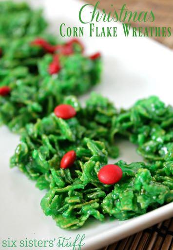 CORN FLAKE WREATHS D E S S E R T Serves: 15 Prep Time: 10 Minutes Cook Time: 10 Minutes 5 1/2 cups corn flakes cereal (slightly crushed) 1/2 cup butter 5 heaping cups miniature marshmallows 1/2