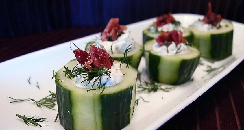 Snacks Stuffed Cucumbers Cucumber, peeled and sliced in inch rounds Oz. Cream Cheese Slices Bacon tbsp. Fresh Dill ( tbsp. Garnish) / tsp. Minced Garlic / tsp.