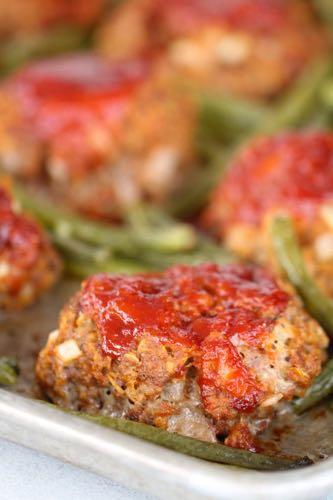 DAY 4 SMALLER FAMILY- SHEET PAN MEATLOAF AND GREEN BEANS M A I N D I S H Serves: 3-4 Prep Time: 15 Minutes Cook Time: 22 Minutes 3/4 pounds lean ground beef 1 egg 1/2 onion (diced) 1/8 cup ketchup