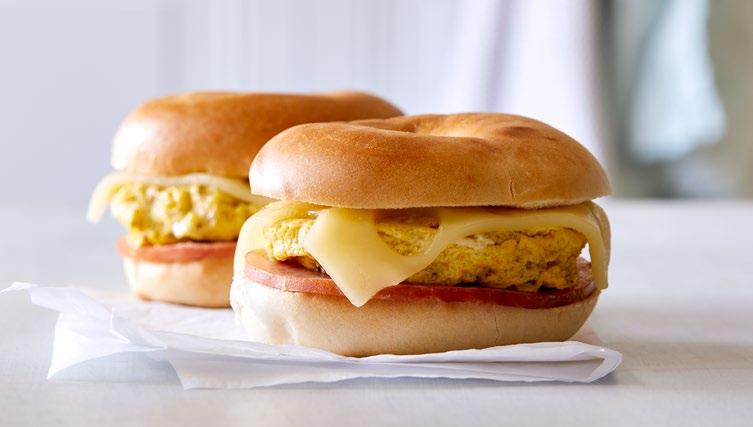 Ham & Swiss Breakfast Bagel This classic combo is the best way to start your day. 1 egg 1 tsp (5 ml) Dijon Mustard Rub 1 slice Canadian bacon or back bacon 1 mini bagel 1 slice Swiss cheese 1.