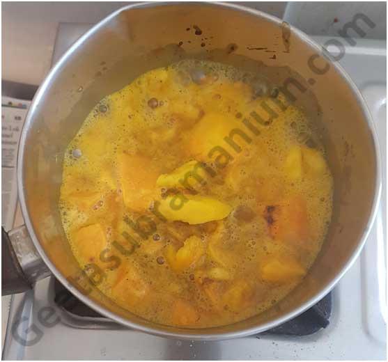 ~ 10 ~ 3. Add the cut and the pureed mangos to a cooking pan with half a cup of water and simmer on gentle flame for 5 minutes. Keep aside to cool. 4.
