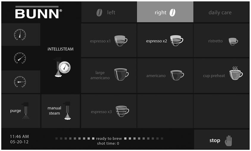 MENU OPTIONS Press and hold "BUNN" logo to enter "menu options" regional settings Set date and time cup count View/reset usage of various beverages machine statistics reminders View/reset usage of