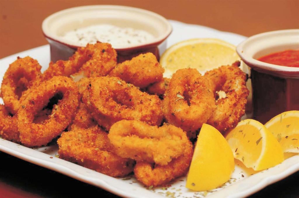 50 plain or battered a generous helping of tender young calamari, dipped in a spicy batter, fried to crisp golden brown, served with lemon