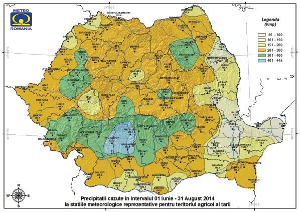 During the agricultural year 01 September 2013-31 August 2014, the precipitation regime was deficient (350-600 l / m 2 - dry and moderately dry) in the western Banat, optimal (601-700 l / m 2 ) in