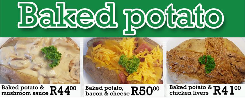 Giant baked potato with butter R27.00 Giant baked potato with cheese R37.00 Giant baked potato with sour cream R44.00 Giant baked potato with creamed spinach* R41.