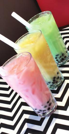 5 Flavoured milk blended with ice and your favourite jelly Bubble tea: coconut honeydew mango strawberry taro matcha green tea Jelly: lychee jelly tapioca pearls mango boba lychee boba Bubble Fruit