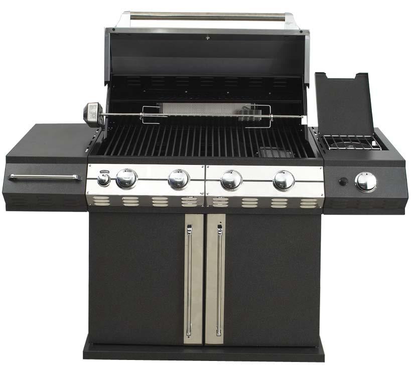 Grill Features 1 8 2 9 3 4 10 11 5 12 6 13 7 14 15 1. Roll top grill hood 2. Rotisserie kit 3. Grilling/cooking surface 4. Side shelf 5. Towel bar/utensil hanger 6.