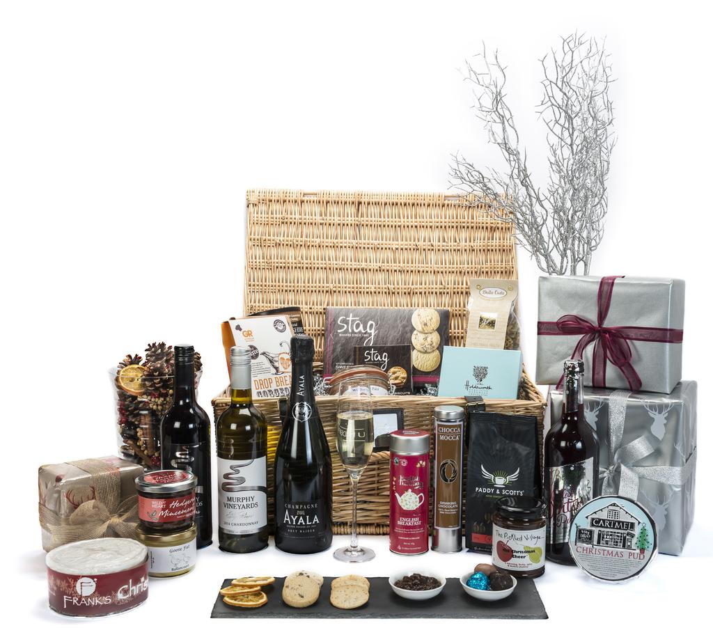 Christmas Spirit Hamper 160.00 Presented in our large picnic hamper, you ll uncover fine wines and a superb selection of seasonal treats, from Champagne to Christmas cake and luxury pate.