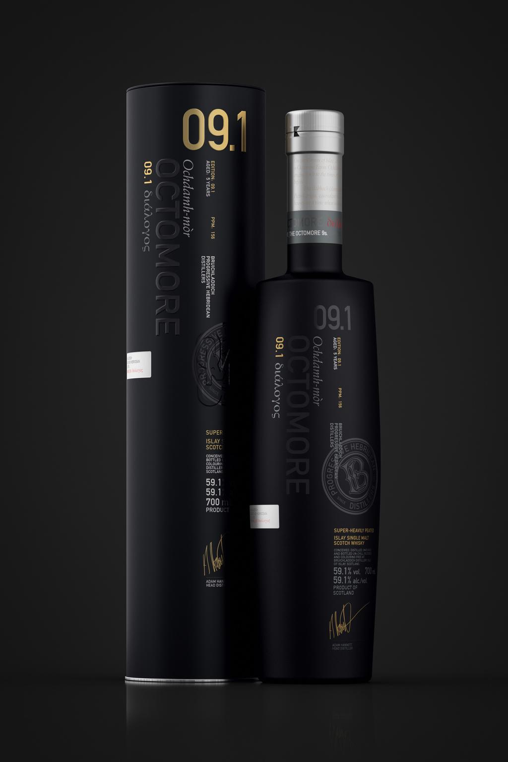 EDITION: 09.1 PPM: 156 AGED: 5 YEARS 100% AMERICAN OAK MATURATION. 09.1 διάλογος THE CONTROL. Octomore 09.1 questions the fundamentals of superior single malt Scotch.