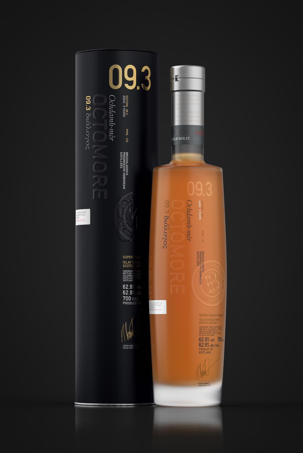 EDITION: 09.3 PPM: 133 AGED: 5 YEARS 100% FARM GROWN BARLEY. 09.3 διάλογος NATURALISTIC OBSERVATION. Just 52 tonnes of precious Islay barley were malted to produce this single farm Octomore 09.